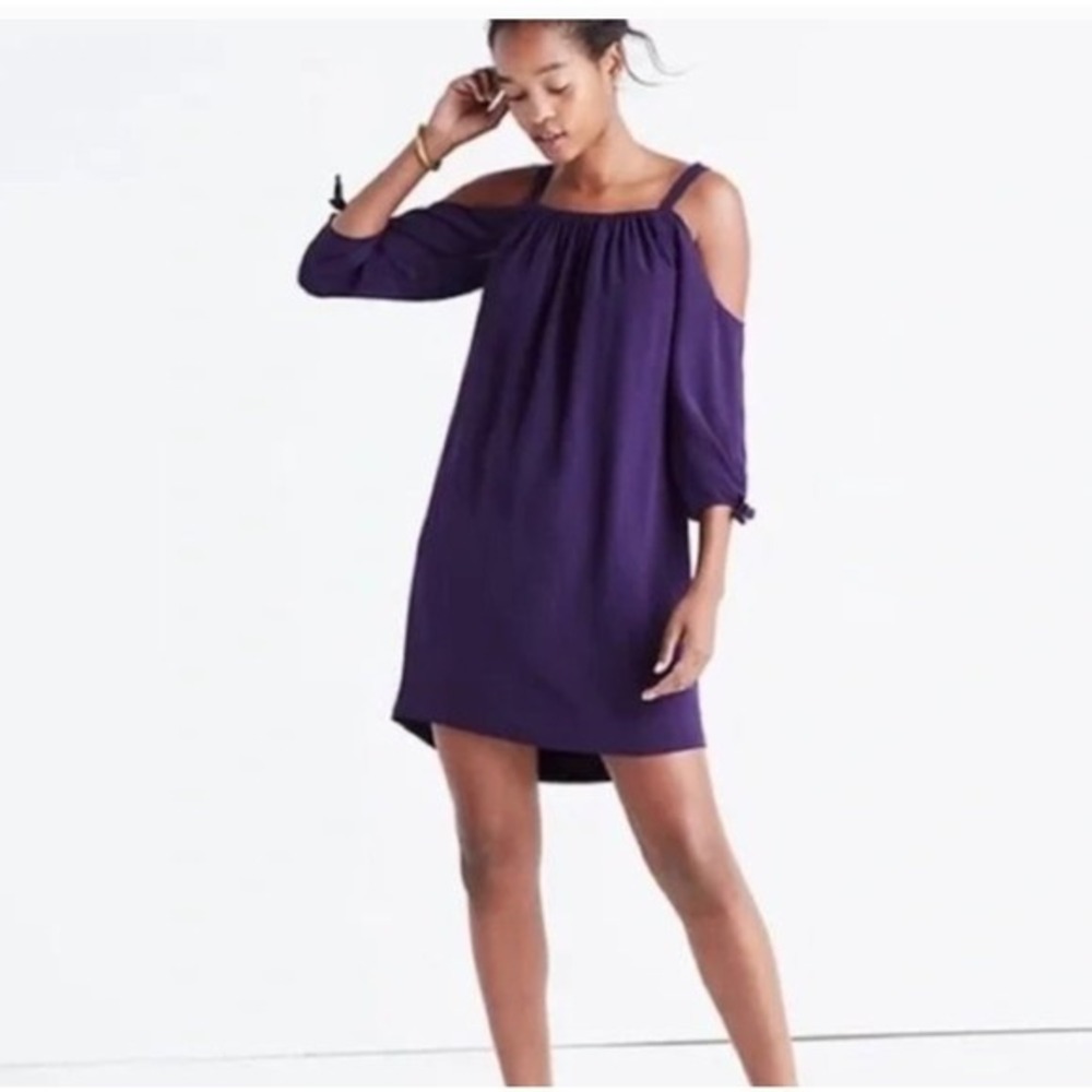 NWT Madewell Purple Silk Cold Shoulder 3/4 Sleeve Boxy‎ Dress Size 6